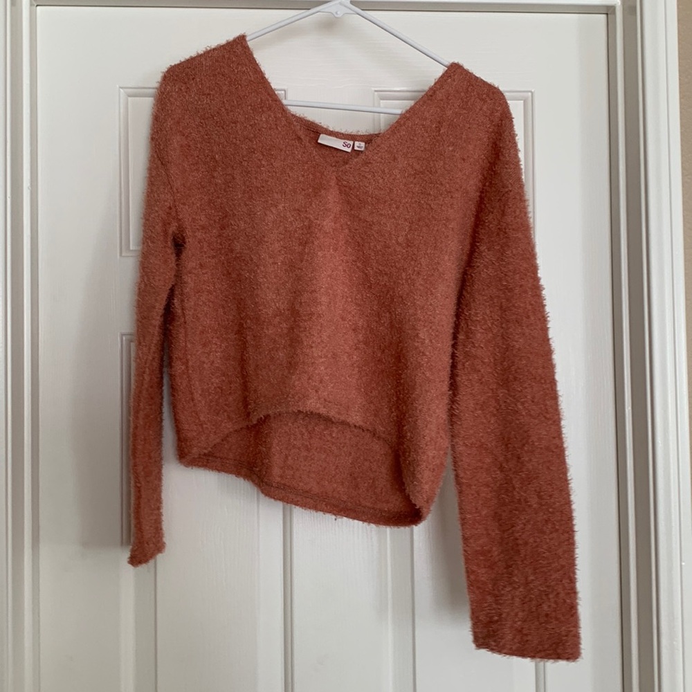 “SO” - pink fuzzy sweater